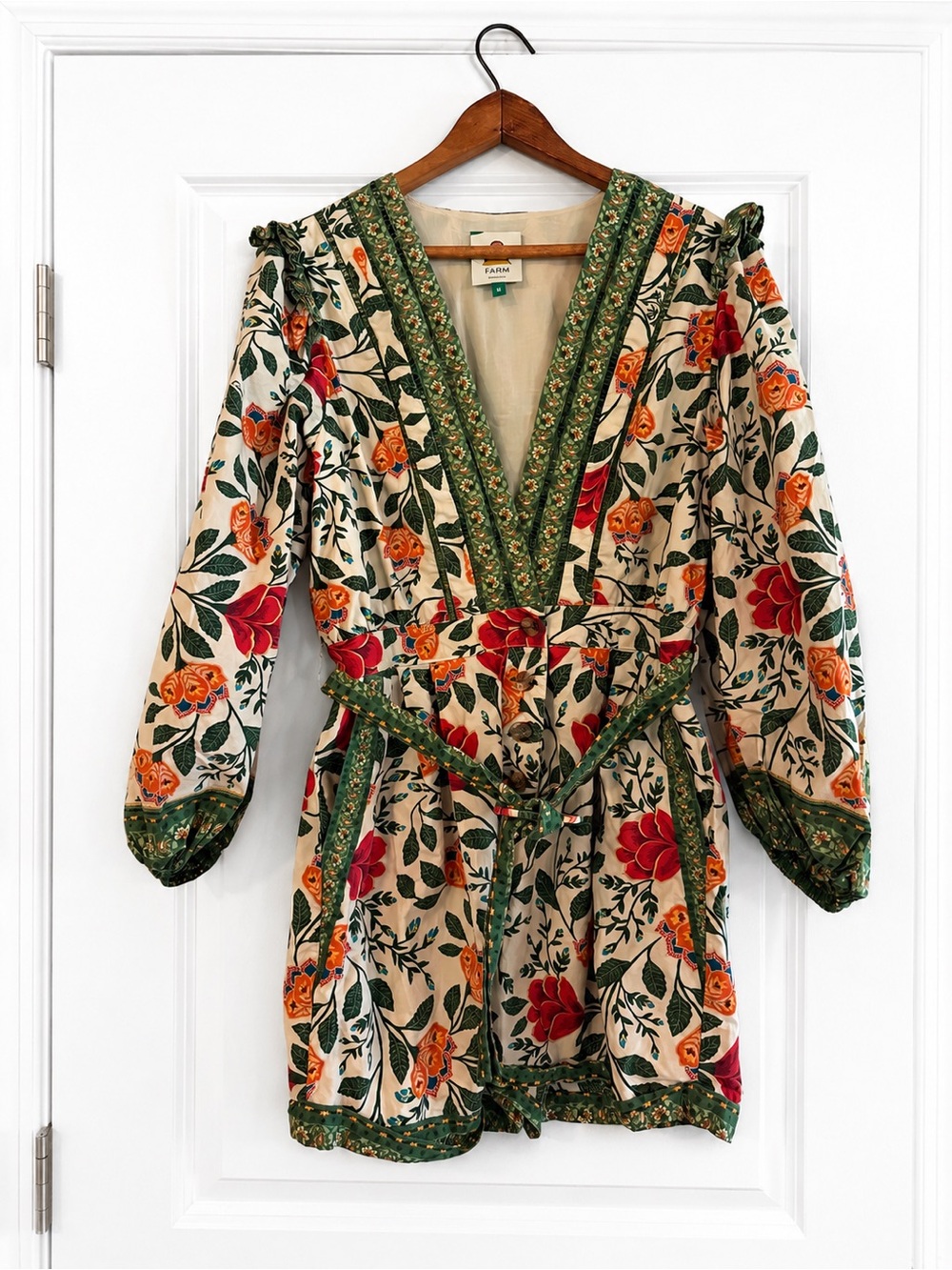 Farm Rio Garden Tapestry Floral Plunge Romper Medium Belted Boho - Picture 2 of 9